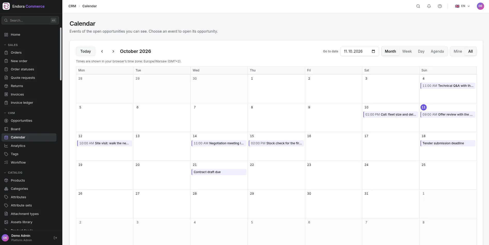 CRM calendar in Endora Commerce with the events of open sales opportunities in the month view
