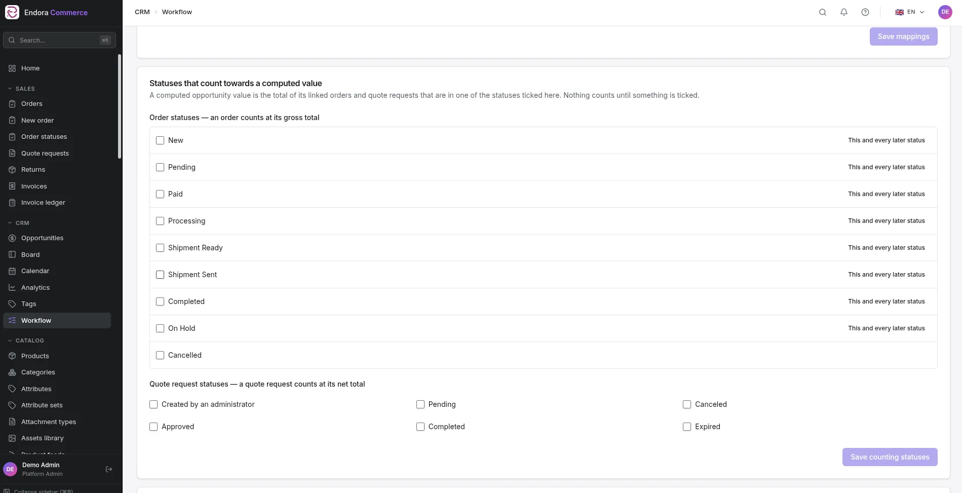 Choosing the order and quote request statuses that count towards an opportunity's computed value in Endora Commerce