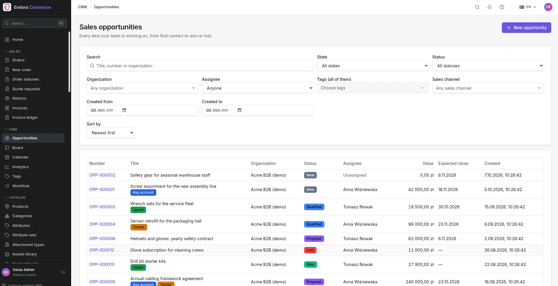 List of sales opportunities in the Endora Commerce CRM module with filters, statuses, assignees and values