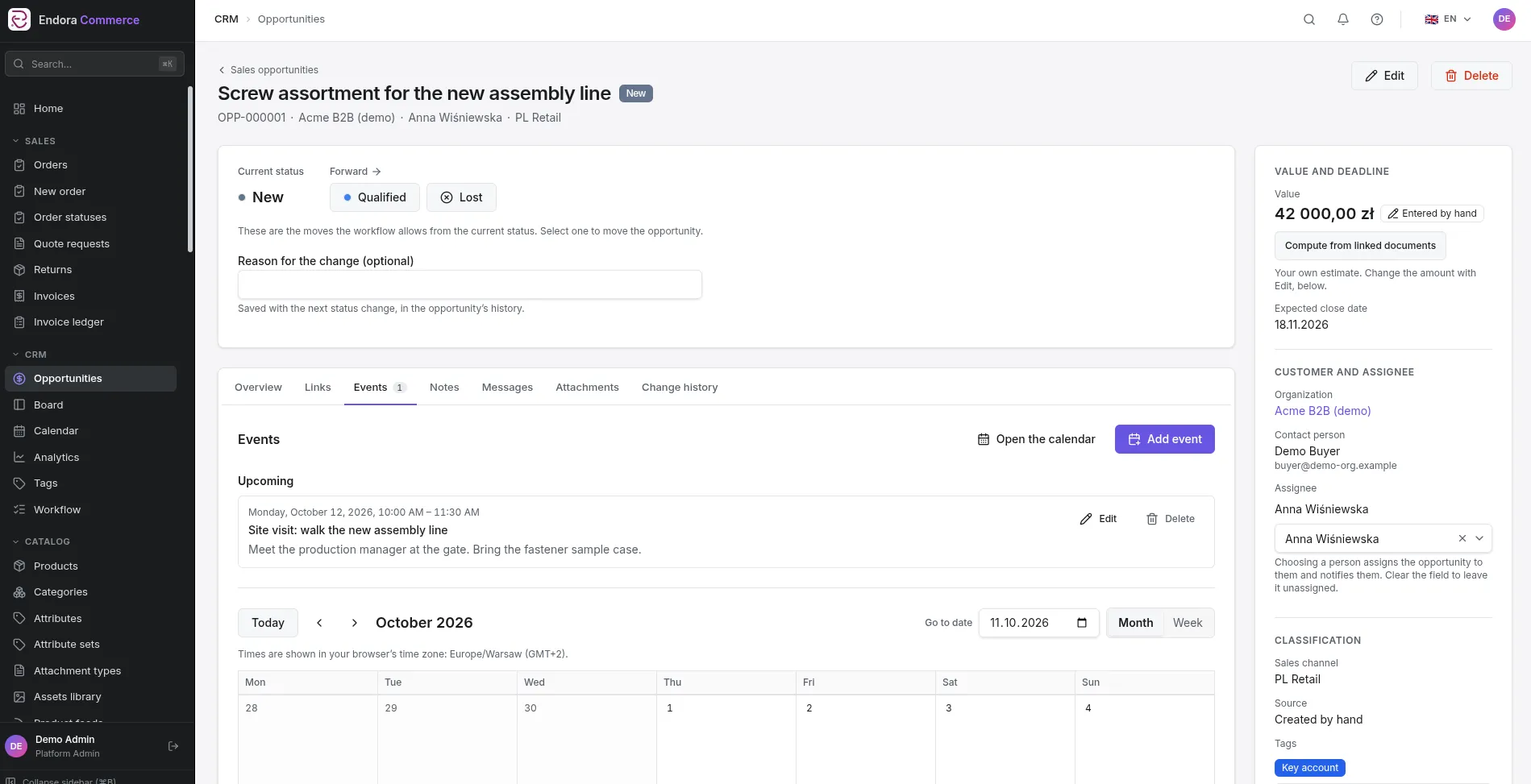 Events tab on the sales opportunity screen with an upcoming meeting and the opportunity's calendar