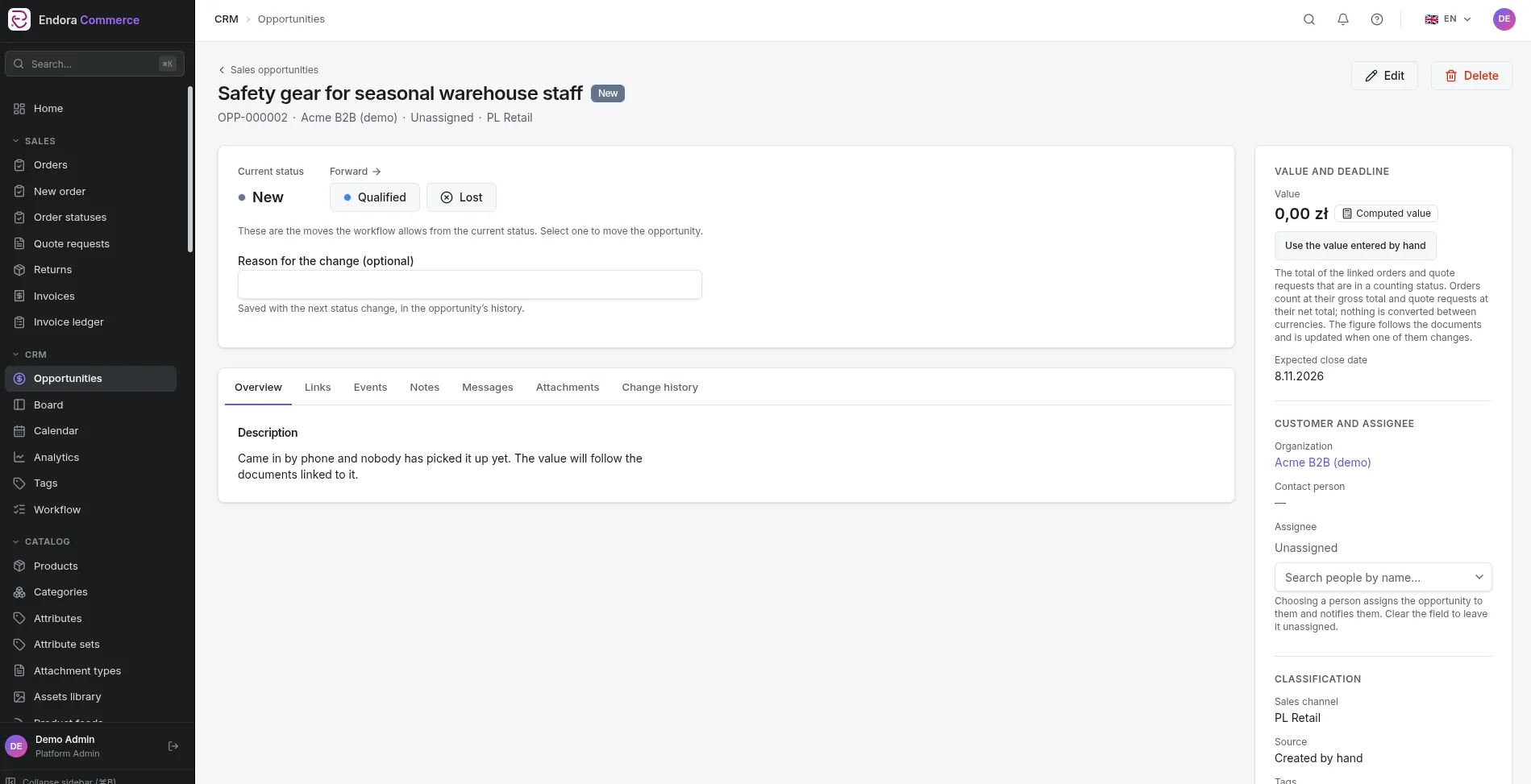 Sales opportunity screen in Endora Commerce with the stage bar, tabs and the value and assignee panel