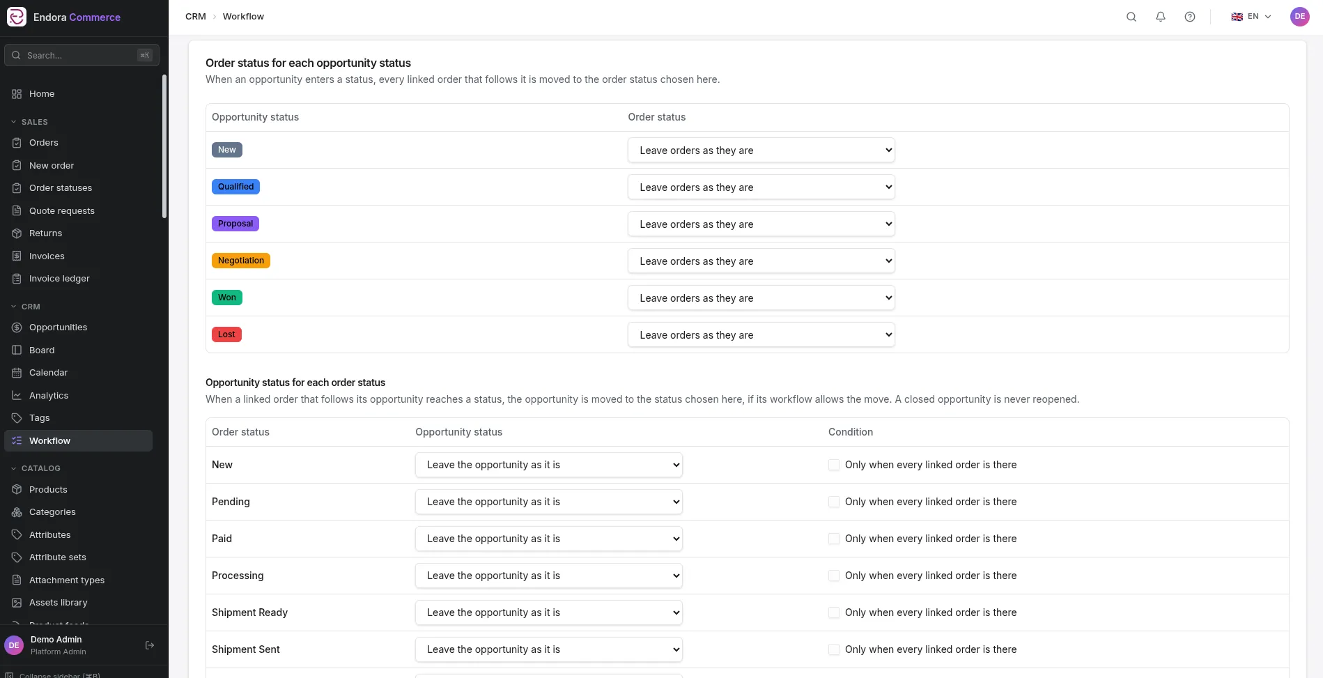 Mapping between sales opportunity statuses and order statuses in both directions in Endora Commerce
