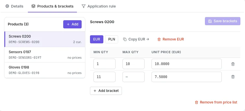 Quantity brackets in a pricelist