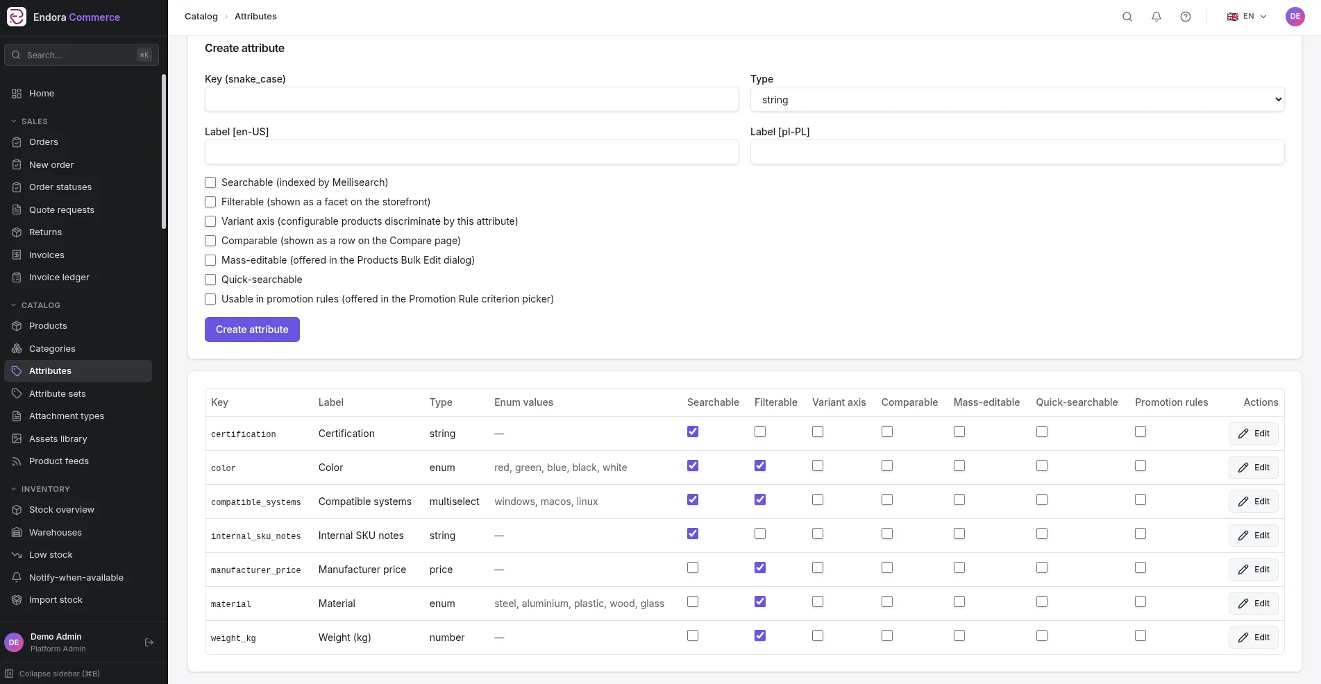 Attribute list in the Endora Commerce admin panel with search, filtering and variant axis settings
