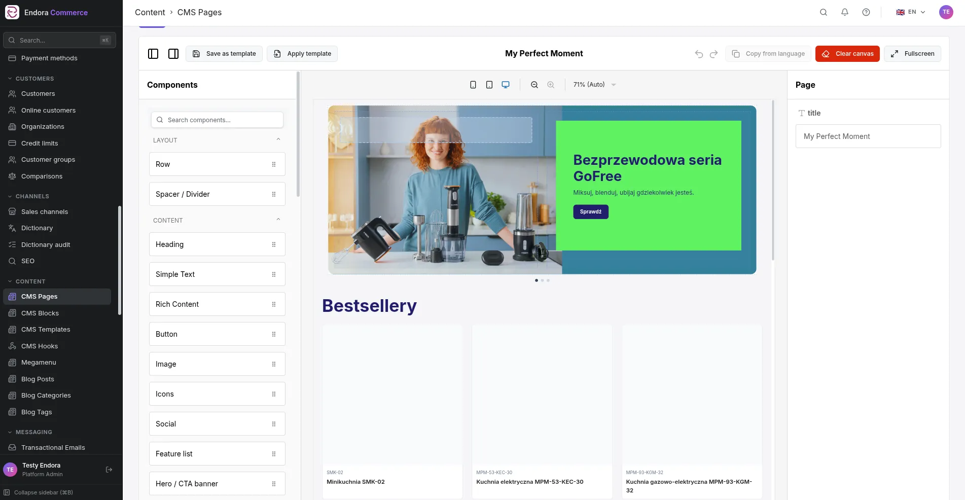 Visual CMS page editor in the Endora Commerce admin panel with a component list and a page preview