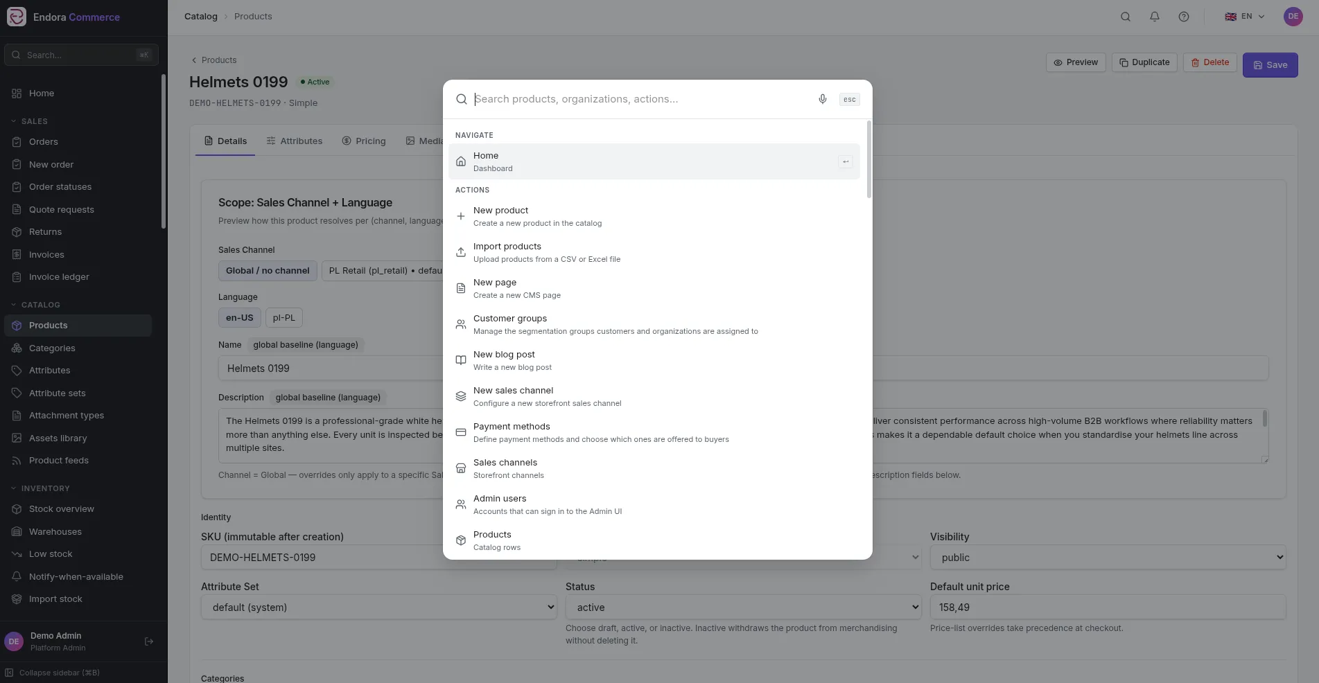 Endora Commerce command palette with a list of actions