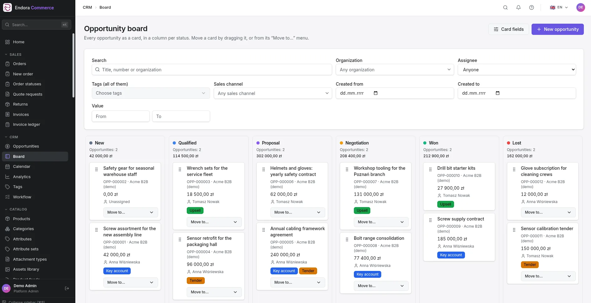 Sales opportunity board in the Endora Commerce CRM module, with status columns from new through to won and lost