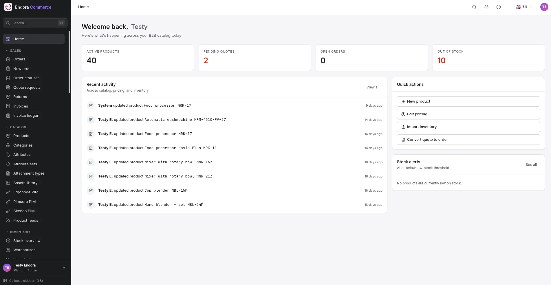 Endora Commerce admin dashboard