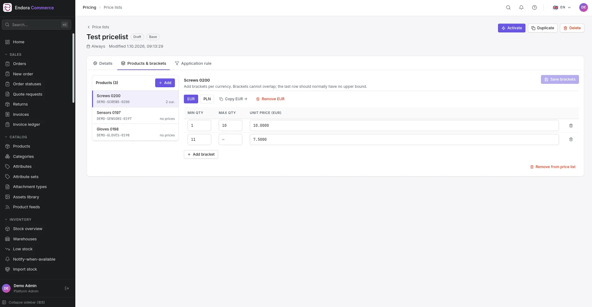 Endora Commerce pricelist with quantity brackets for a product in two currencies
