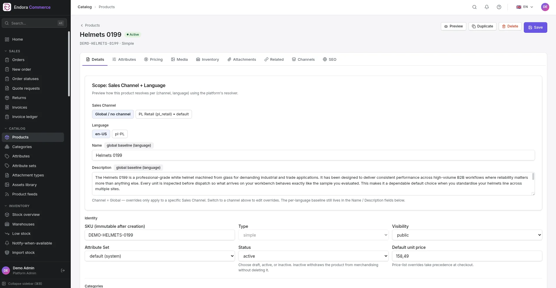 Editing a product in the Endora Commerce admin panel with sales channel and language selection