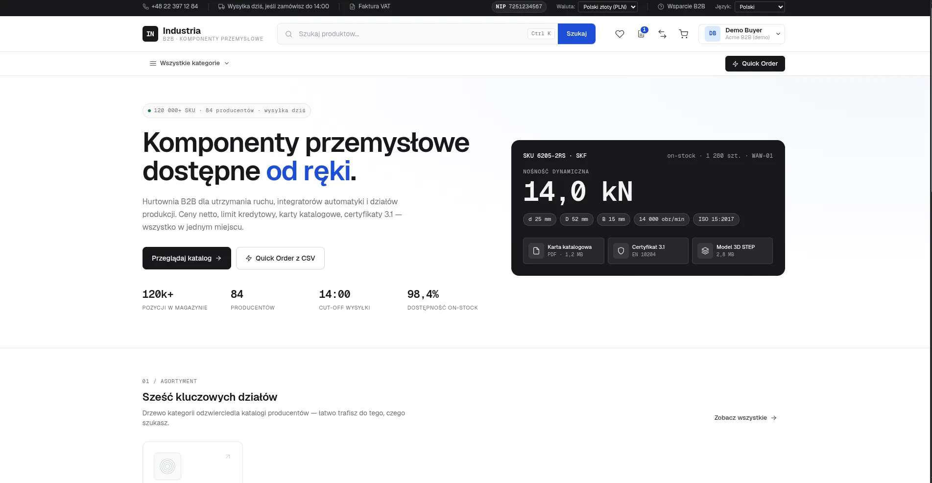 B2B storefront homepage with search, quick order and a signed-in buyer account